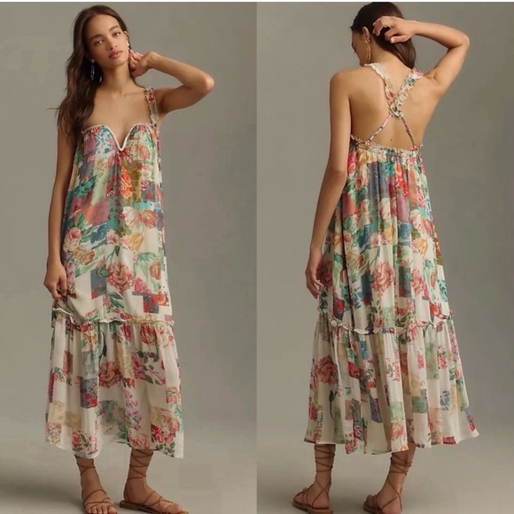 Anthropologie Patchwork Floral Midi Dress Boho Cottagecore XS -Medium Oversized - Picture 2 of 14